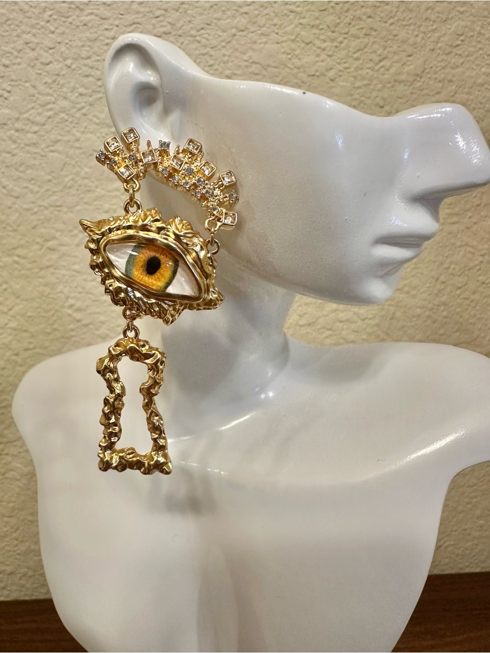 Gold Surreal Eye Statement Earring with Amber Eye